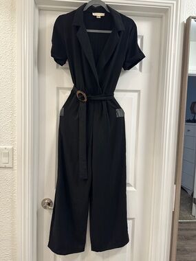 Monteau Black Short-Sleeve Belted Jumpsuit